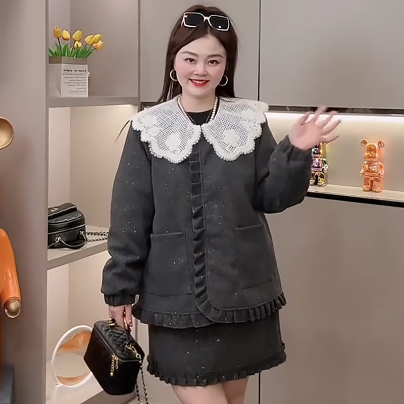 加棉毛呢外套娃娃领上衣半身裙潮