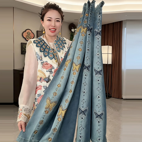 侧边刺绣闪钻弹力阔腿牛仔裤子女