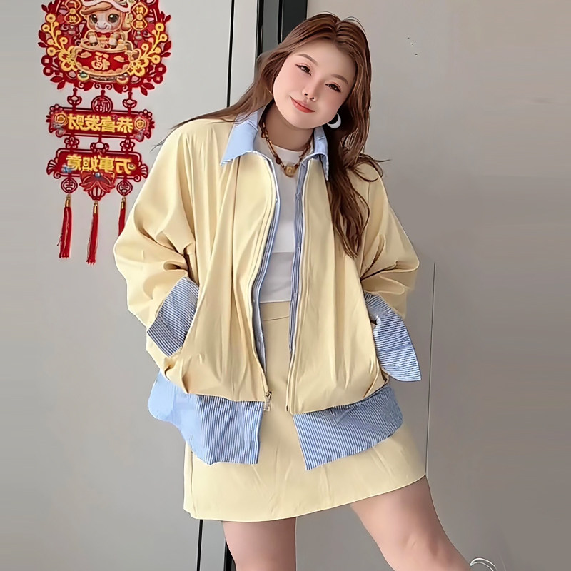 条纹衬衫拼接假两件外套短裙套装胖mm2026春季款显瘦宽松大码女装