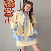 拼接假两件外套短裙套装 女装 胖mm2026春季 显瘦宽松大码 款 条纹衬衫