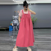 显瘦宽松女装 大码 胖mm2025夏季 款 减龄彩扣背带裙百搭短袖 T恤套装