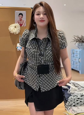 复古学院风格子衬衫女裤裙套装潮