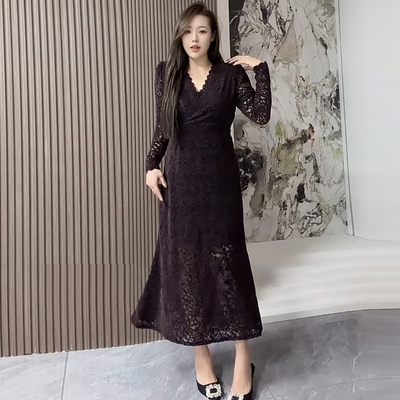 法式重工蕾丝连衣裙收腰大码长裙