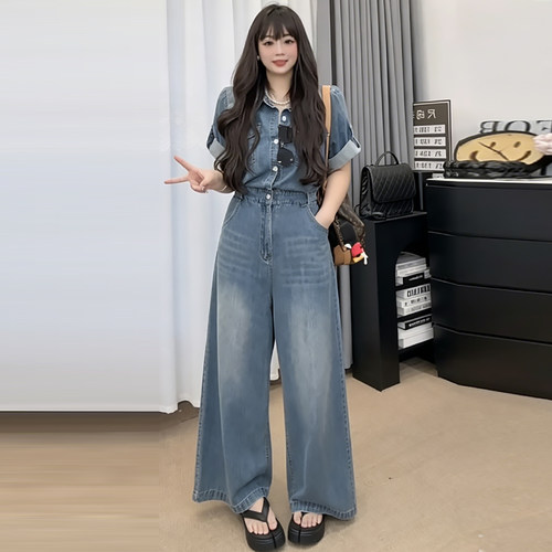 短袖水洗牛仔连体裤休闲女裤大码