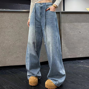 韩版前后烫钻牛仔裤子休闲女裤胖mm2026早春新款宽松显瘦大码女装