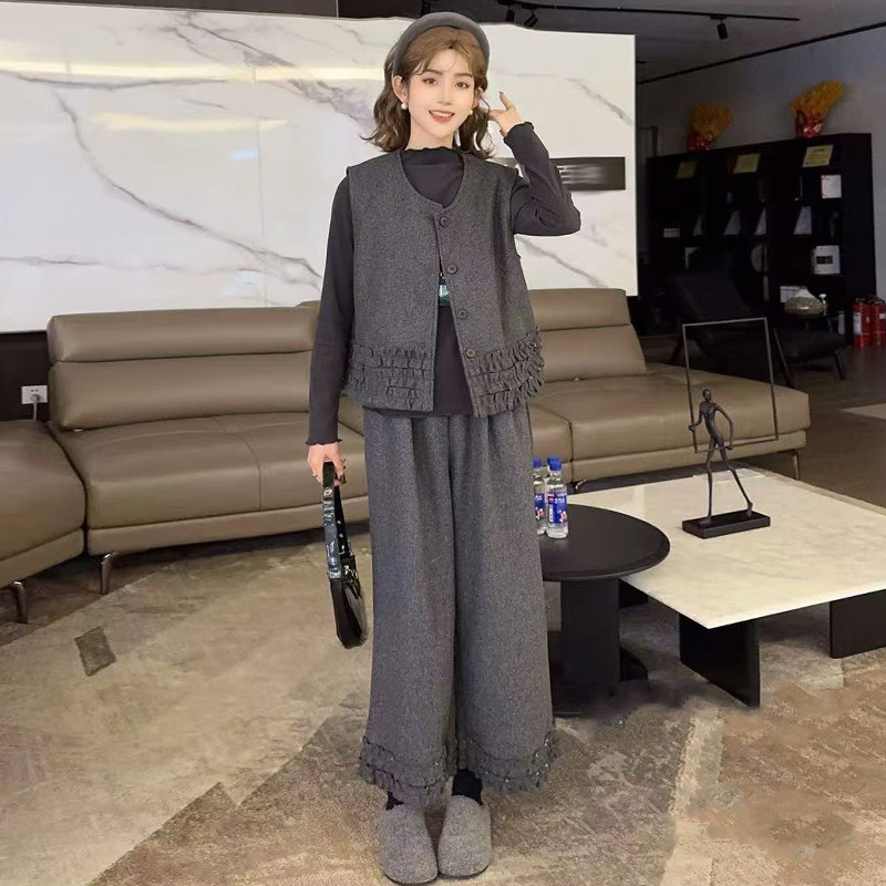 宽松木耳边马甲女打底衫直筒裤套装胖mm2025冬季新款显瘦大码女装,女装/女士精品,大码套装,淘宝优惠券,粉丝福利购,淘宝优惠卷