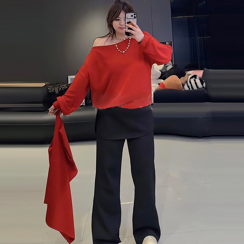 设计感上衣两件套磨毛屁帘裤子胖mm2026春冬新款显瘦宽松大码女装,女装/女士精品,大码套装,淘宝优惠券,粉丝福利购,淘宝优惠卷
