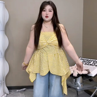 不等式格子吊带背心减龄打底衫胖mm2026春季新款宽松大码显瘦女装