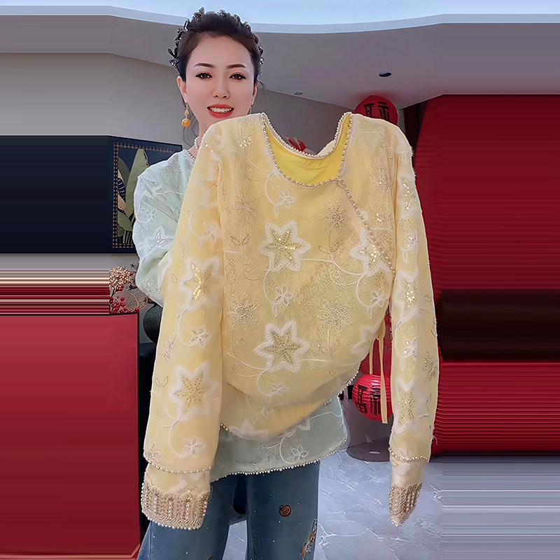 侧开叉串珠亮片打底衫休闲上衣胖mm2026春冬新款宽松大码显瘦女装,女装/女士精品,大码内搭,淘宝优惠券,粉丝福利购,淘宝优惠卷