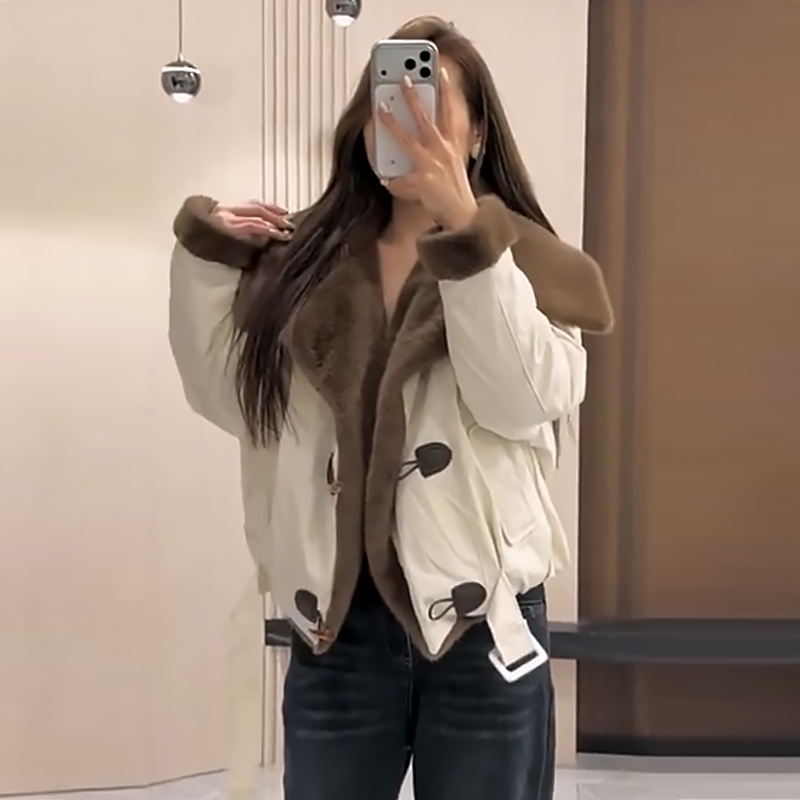 毛毛翻领拼接棉服外套保暖上衣潮