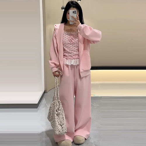 连帽卫衣波点吊带背心休闲运动裤