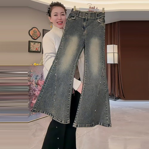 高腰毛边牛仔微喇裤休闲女裤大码