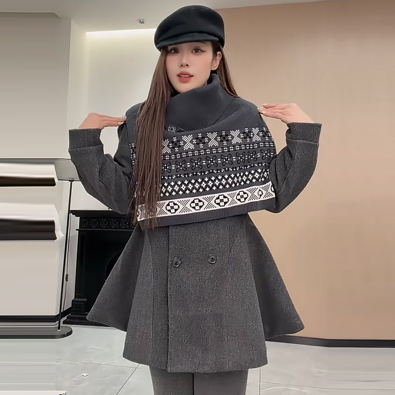 针织披肩收腰加棉毛呢大衣外套潮