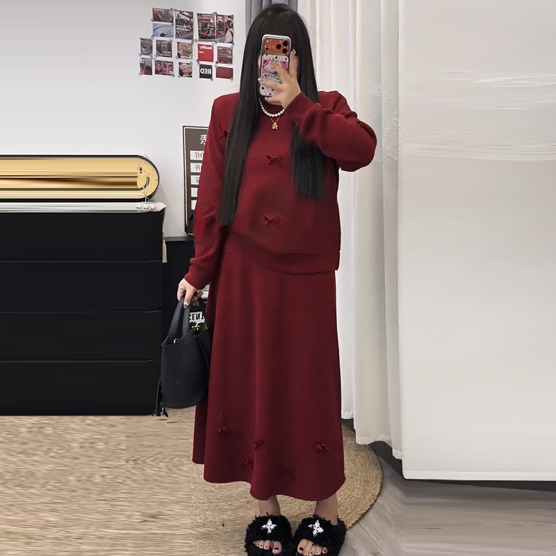 大码蝴蝶结百搭卫衣高腰半身裙套装胖mm2025冬季新款显瘦宽松女装