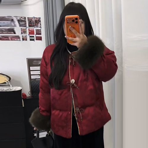 新中式氛围感毛袖棉服外套女大码