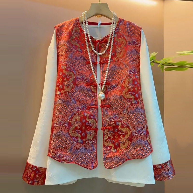 提花复古盘扣马甲打底衫两件套胖mm2026春冬新款显瘦宽松大码女装,女装/女士精品,大码套装,淘宝优惠券,粉丝福利购,淘宝优惠卷