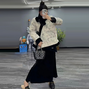女装 显瘦宽松大码 款 水墨提花二棉棉服丝绒鱼尾半身裙胖mm2025冬季
