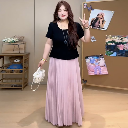 净版短袖上衣休闲百褶半身裙套装胖mm2026夏季款显瘦宽松大码女装