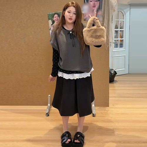 针织马甲波点花边打底衫女裤女裙