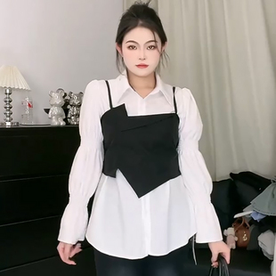 设计感衬衫女不等式吊带两件套胖mm2024冬季新款宽松大码显瘦女装