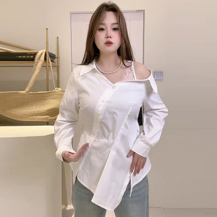 小众漏肩收腰蕾丝拼接衬衫上衣胖mm2025早春新款宽松大码显瘦女装