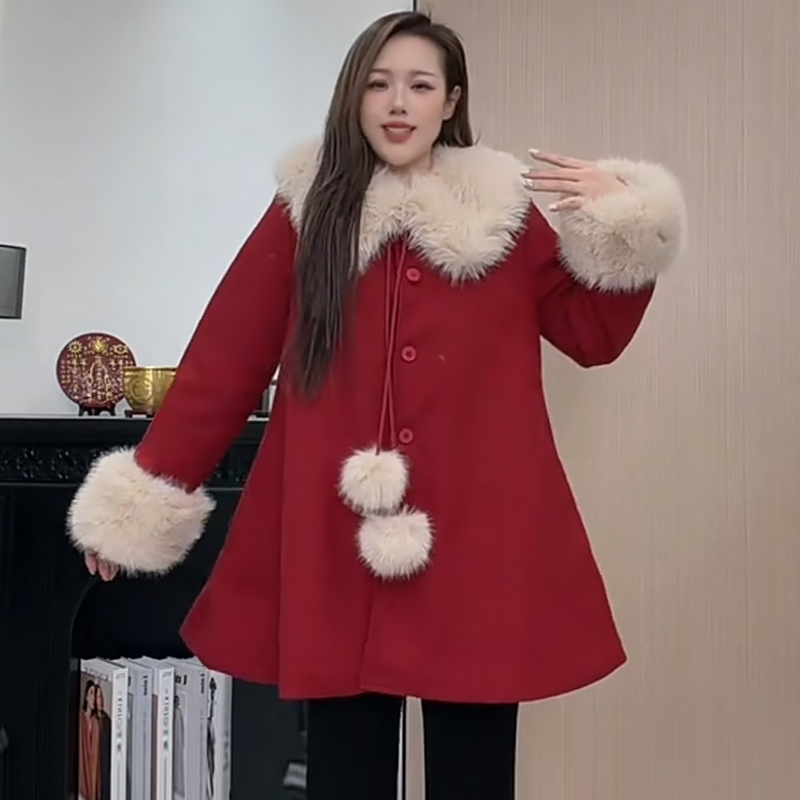 可拆卸毛毛斗篷毛呢大衣加棉外套