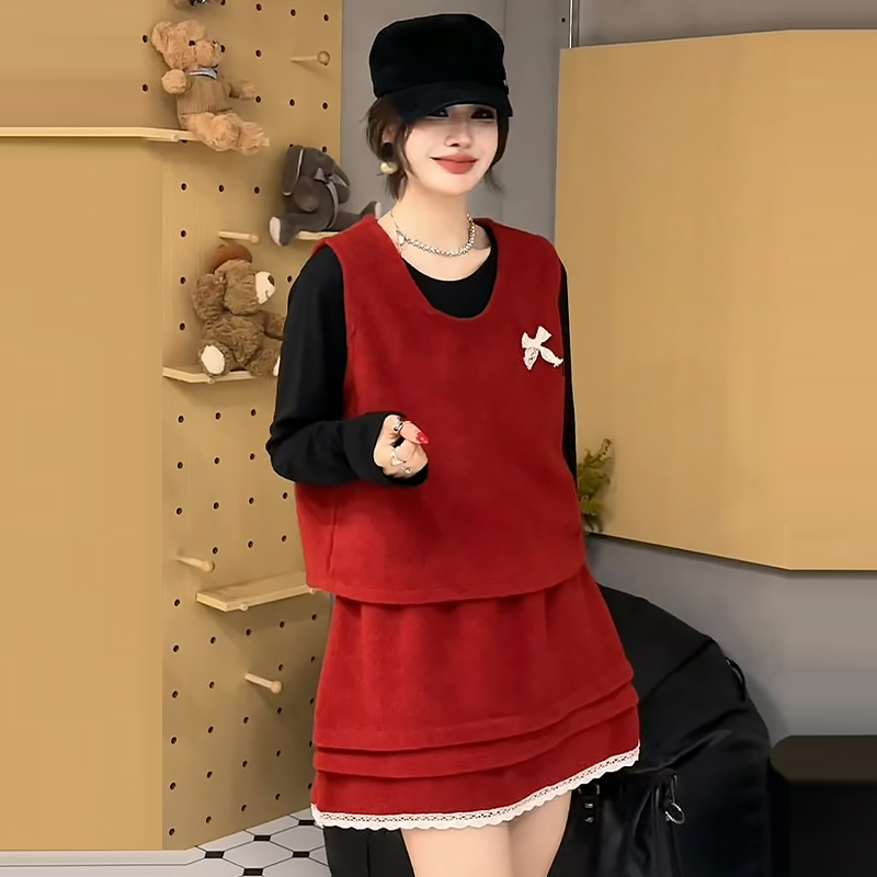 蝴蝶结减龄马甲女花边半身裙套装