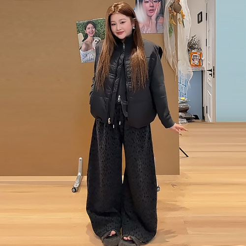 宽松拉链棉服马甲立领外套豹纹裤