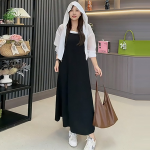连帽防晒外套上衣吊带连衣裙套装胖mm2026夏季款显瘦宽松大码女装