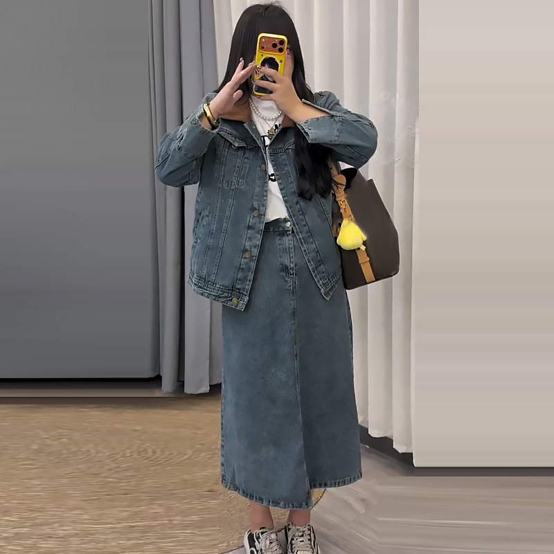 欧货撞色领牛仔外套休闲半身裙胖mm2026春冬新款显瘦宽松大码女装,女装/女士精品,大码套装,淘宝优惠券,粉丝福利购,淘宝优惠卷
