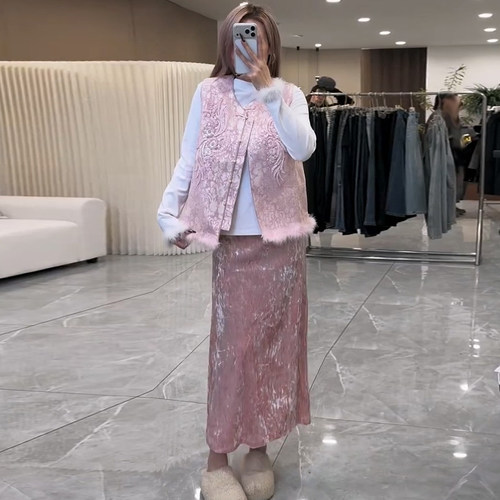 提花毛毛拼接马甲打底衫丝绒女裙