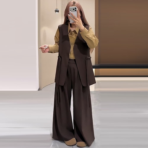 西服马甲直筒裤叠穿长袖时尚衬衫