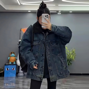 女装 宽松大码 新款 复古水洗牛仔棉服加棉大外套女胖mm显瘦2025冬季