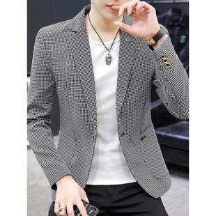 宁波西装男款2025春秋百搭韩版修身格子外套男青年休闲上衣西服