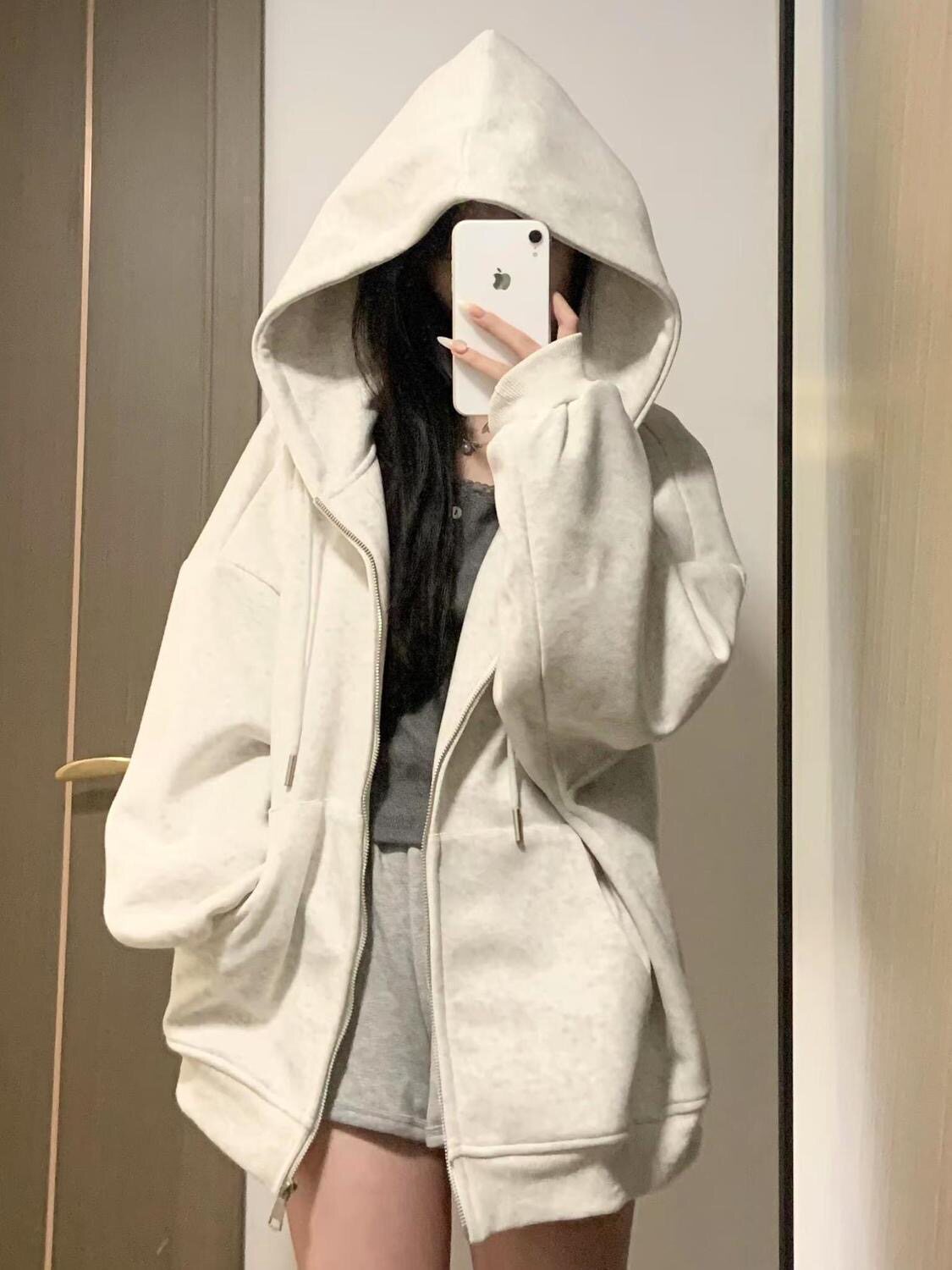 美式花灰色开衫连帽衫卫衣女春秋宽松百搭学生加绒开衫外套潮ins