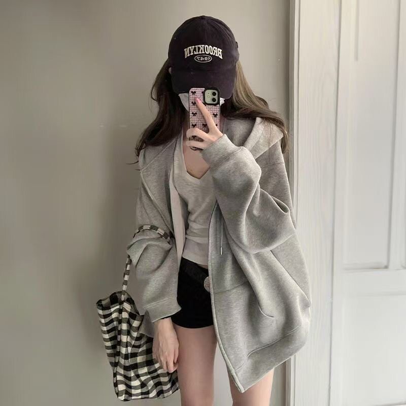 美式设计感连帽衫卫衣女士春秋宽松休闲简约加绒开衫拉链外套ins