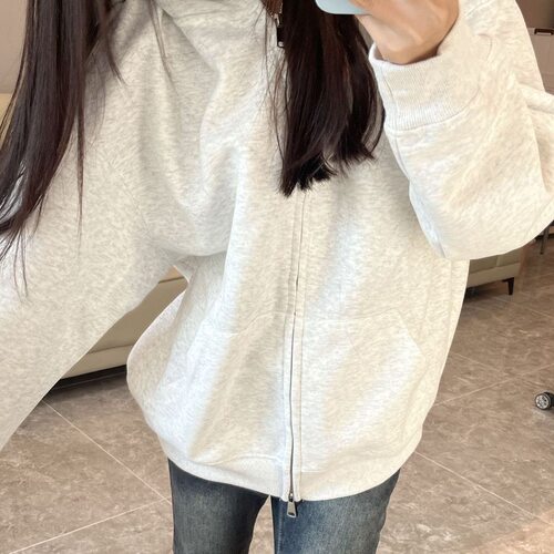 美式复古灰色连帽拉链卫衣女春秋宽松显瘦休闲开衫加绒外套ins潮