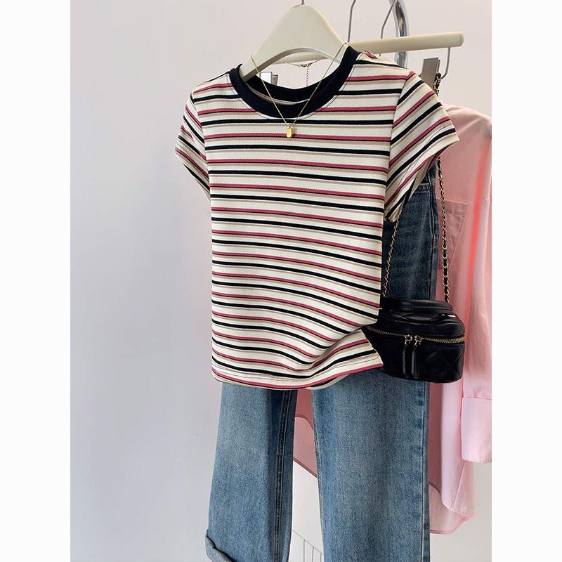 纯棉独特超好看单穿条纹正肩短袖T恤女夏季2026新款修身显瘦上衣