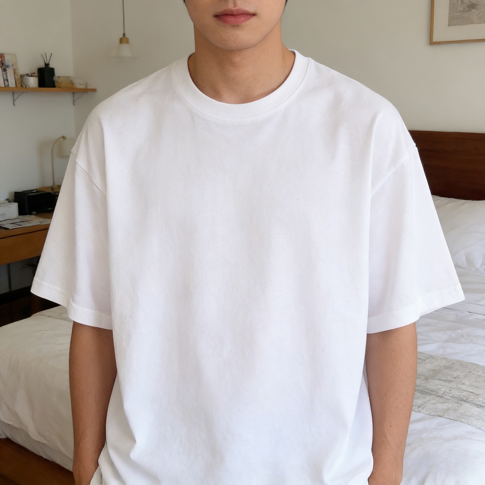 情侣松弛风落肩袖短袖T恤男女通用宽松圆领纯棉宽松打底衫白色