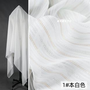 原创白色金银丝竖条纹雪纺缎面布料轻奢亮丝闪光衬衫裙子设计面料