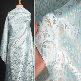 冰川蓝色 鹤鹿同春织锦缎提花面料 高档中式外套旗袍马甲丝绸布料