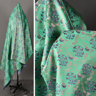 高端民族风织锦缎提花面料-绿色 挺括古装汉服藏服绸缎服装布料