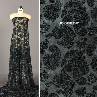 深墨绿色-扎染植绒网纱面料-腰果花-中国风裙子上衣弹力网眼布料