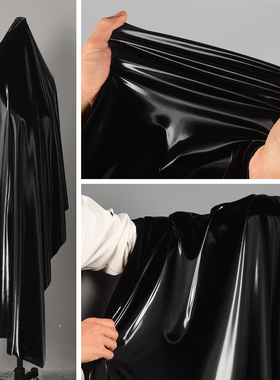 亮黑色鲨鱼皮面料-四面高弹力 丝光镜面仿皮料PU皮革防水柔软布料