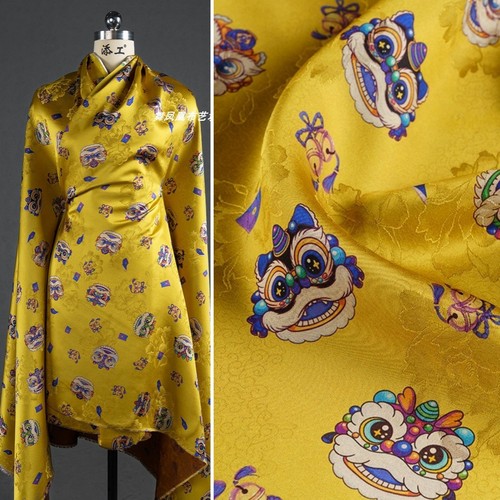 黄色醒狮香云纱中式透气丝滑布料