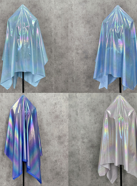 灰色蓝色系幻彩渐变彩虹亮面布料光泽防水PU皮烫金羽绒服炫彩面料