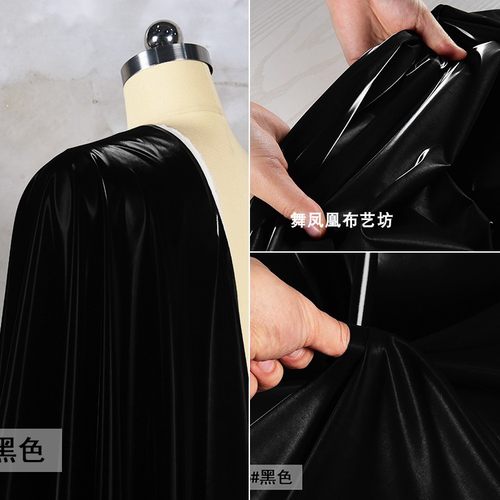 纯黑色闪耀流沙面料亮面仿皮革夹克光泽感镜面防水免洗羽绒服布料