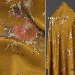 金黄色 七彩鎏金花卉仿醋酸烫金抓花面料 新中式旗袍裙子裤子布料
