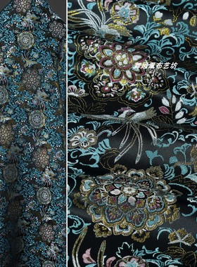 黑色【凤仪花颂】织锦缎提花面料 中国风汉服复古优雅外套马甲布