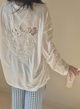 韩系甜妹风白色Kitty刺绣长袖防晒T恤女2026新款独特漂亮初夏上衣
